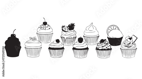 A delicious assortment of gourmet cupcakes with frosting and decorations silhouette