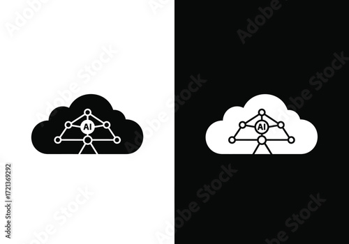 Black and white icons depicting artificial intelligence neural network within a cloud computing symbol, representing AI in the cloud.