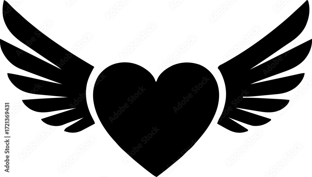 Obraz premium Winged Heart Valentine Illustration.red black heart with wings vector design romantic love angel symbol valentine wedding cute decorative illustration clipart.Flying red heart with angel wings vector