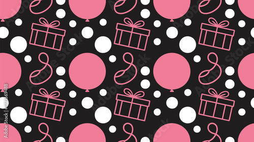 A seamless pattern with pink balloons gifts and ribbons on a black background with white polka dots