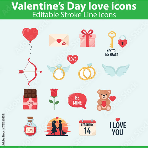 Valentine’s Day Vector Illustration Set – Love, Romance, and Heart Icons
