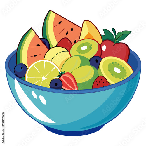 Colorful Fruit Salad Bowl with Fresh Mixed Fruits - Vector Design