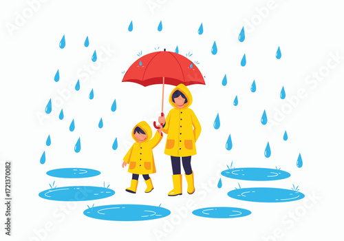 Two children in raincoats walking in a rainstorm, holding hands under a red umbrella.