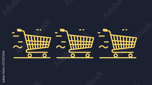 Three yellow shopping cart icons with motion lines on a dark blue background in a simple illustration