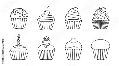 Collection of hand drawn cupcakes sweet desserts various toppings and decorations isolated line art style silhouette
