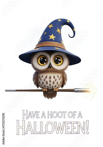 Cute owl in wizard hat wishing a happy Halloween  