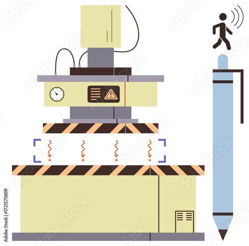 Factory machine emitting signals, sensors detecting movement of small character on giant pen. Ideal for technology, automation, robotics, factory safety, innovation, signal detection, modern