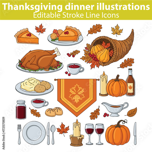 Thanksgiving Dinner Vector Illustration Set 2 – Autumn Harvest, Family Feast, and Holiday Food Icons
