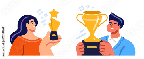 Celebrate with trophy. Career success leadership achievement ambition business goal, determination. Award ceremony