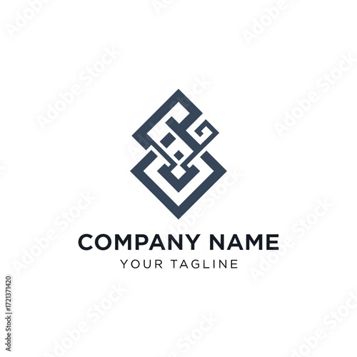 A dark blue abstract geometric logo design with interlocking squares and lines, placed above the text "COMPANY NAME" and "YOUR TAGLINE".
