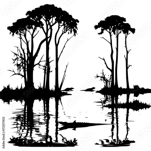 Explore swamp landscape vector with alligator trees and water reflection silhouette