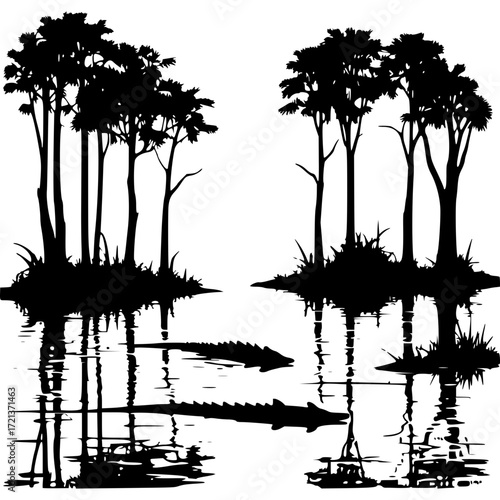 Silhouette alligator in swamp vector illustration nature landscape