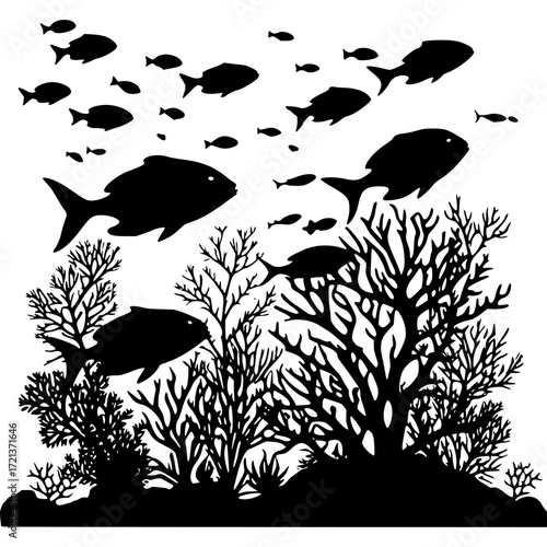 Black silhouette of fish swimming above coral reef ocean life scene art