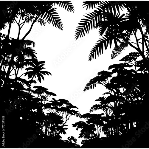 Silhouette tropical rainforest jungle trees canopy vector illustration