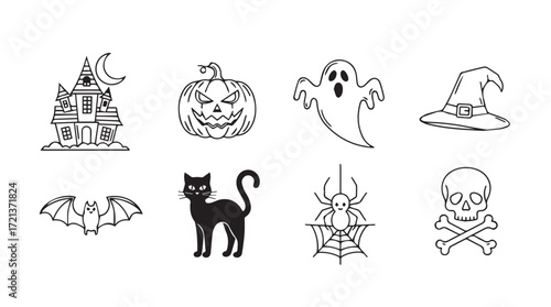 Spooky halloween icons set black cat ghost pumpkin witch hat haunted house bat skull silhouette