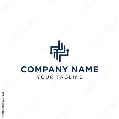 Minimalist dark blue circuit board or data flow logo design on a white background, with placeholder text for company name and tagline.