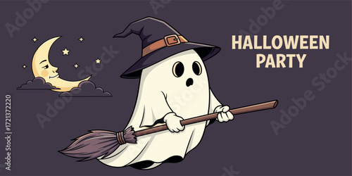 Cute Ghost on Broomstick Halloween Party Invitation