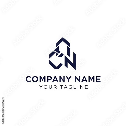 A dark blue abstract logo featuring the letters CN intertwined with geometric shapes, placed above the text COMPANY NAME and YOUR TAGLINE on a white background.