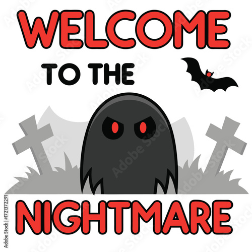 Welcome to the nightmare with a spooky ghost, bat, and tombstones isolated on white background for a scary halloween celebration