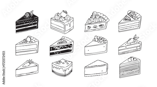 Hand drawn dessert slices collection delicious pastries and cakes assortment artistic sketch style silhouette