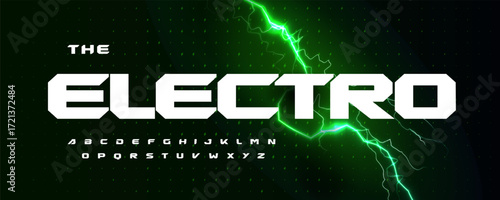 Heavy techno alphabet font on lightning bolt thunderbolt background for modern bold headline. Futuristic geometric typeface for sport brand, race title, app, charger station logo. Vector typeset
