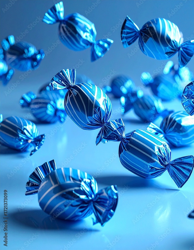 Naklejka premium delicious wrapped candies and chocolate are floating in the air