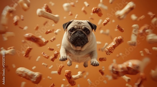 A joyful pug dog leaps in the air, surrounded by various floating dog treats, including bones and sausages, against a vibrant orange background, creating a playful atmosphere.