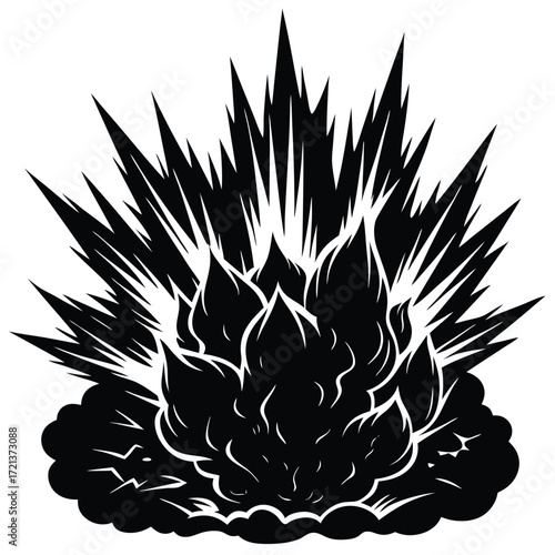 Dynamic black and white explosion illustration with sharp, jagged edges design