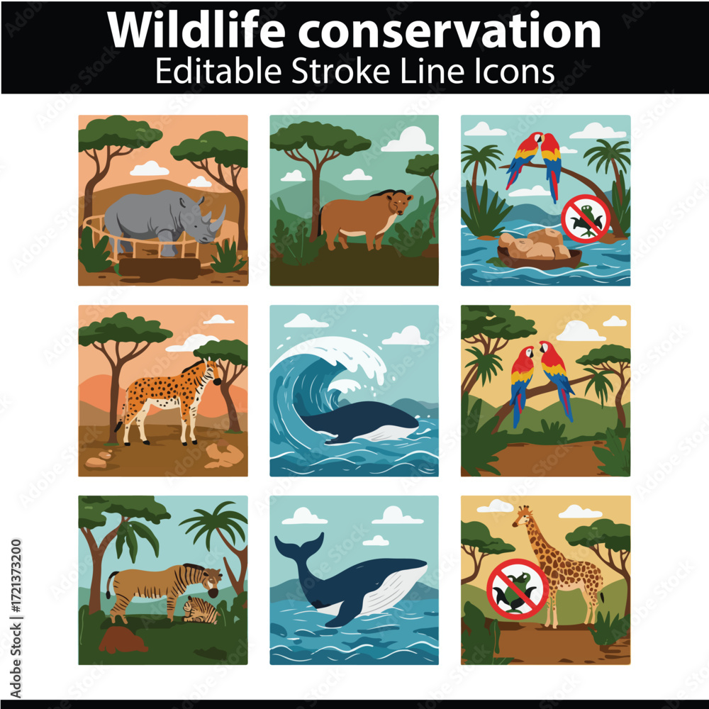 Naklejka premium Wildlife Conservation Vector Set 1 – Endangered Animals, Forest Protection, and Eco Awareness Icons 