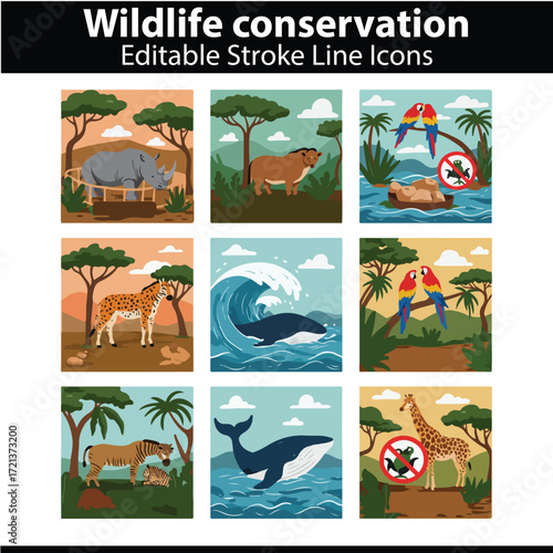 Wildlife Conservation Vector Set 1 – Endangered Animals, Forest Protection, and Eco Awareness Icons
