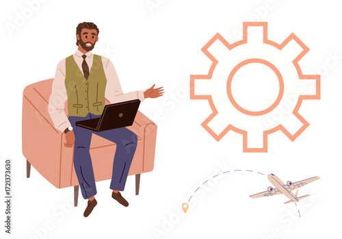 Man using laptop while seated in armchair, gear icon representing productivity and efficiency, and airplane with travel trace. Ideal for remote work, travel industry, business management
