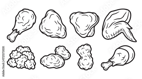 Assortment of delicious fried chicken pieces isolated on a white canvas for food photography silhouette