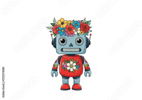 Cute robot wearing flowers isolated on transparent background isolated on transparent background