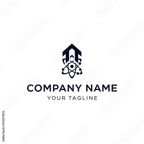 Modern logo design combining an abstract building shape with a scientific atom symbol.