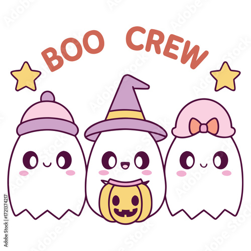 Cute boo crew of three halloween ghosts isolated on white background adorable cartoon characters wearing hats and holding a pumpkin basket for trick or treat
