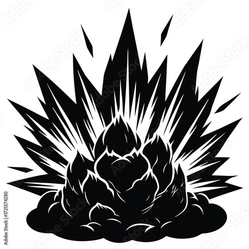 A stylized black and white illustration of an explosion