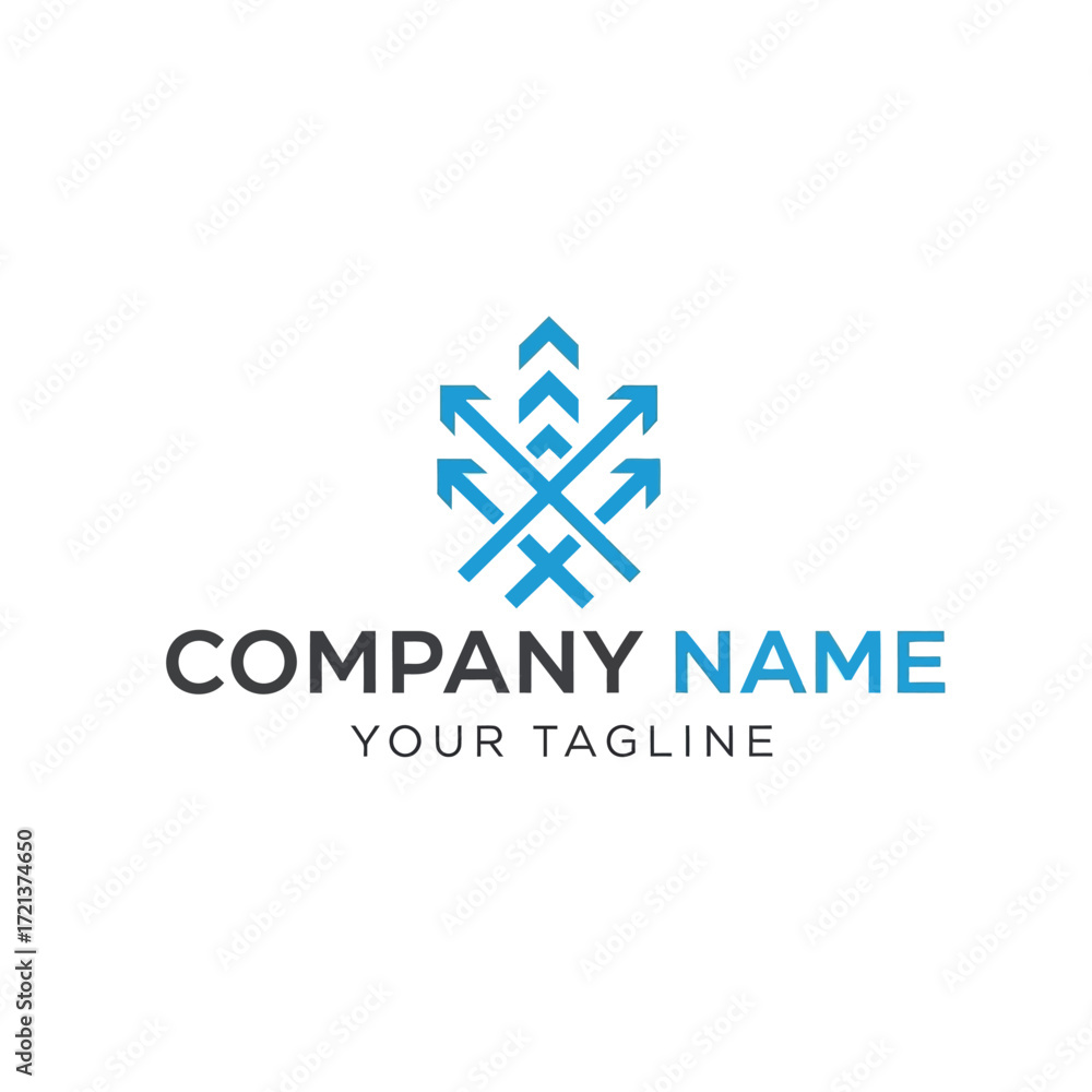 Abstract logo design with intertwined blue arrows pointing up, left, and right for a modern company brand. Abstract logo design with intertwined blue arrows pointing up, left, and right for a modern company brand.