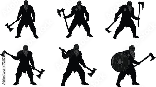 A collection of pixel art silhouettes of a Viking warrior with a beard, holding a battle axe and a shield on a white background.