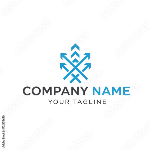 Abstract logo design with intertwined blue arrows pointing up, left, and right for a modern company brand.