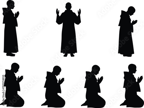 A collection of silhouettes of a priest or minister and a young person, a spiritual and religious guidance scene on a white background.