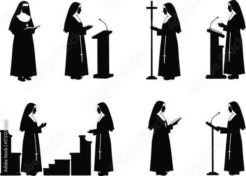 A collection of silhouettes of a nun in religious habits, praying, holding a cross, and speaking at a lectern on a white background.