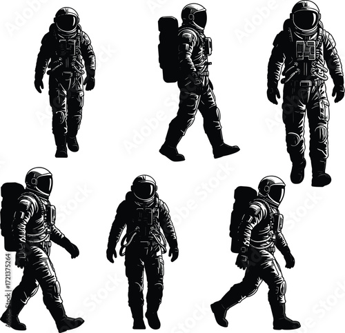A pixel art collection of astronauts in space suits walking, floating, and waving, showcasing space exploration in a retro style.