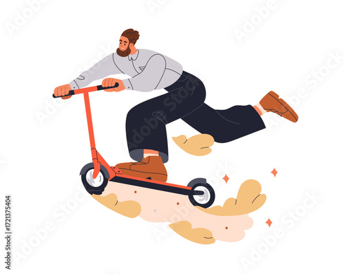 Happy business man riding kick e-scooter, commuting at fast speed. Active office worker rushing, hurrying to work on urban transport, escooter. Flat vector illustration isolated on white background.