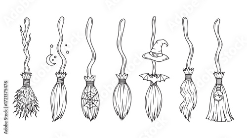 Collection of hand drawn vintage witch brooms for halloween party decorations and spooky themed designs silhouette
