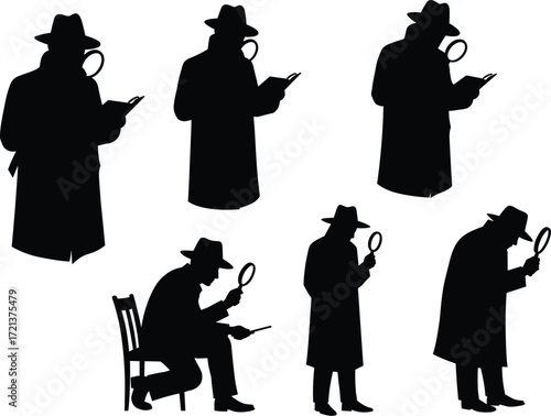 A collection of silhouettes of a detective or private investigator in a trench coat and hat, holding a magnifying glass.