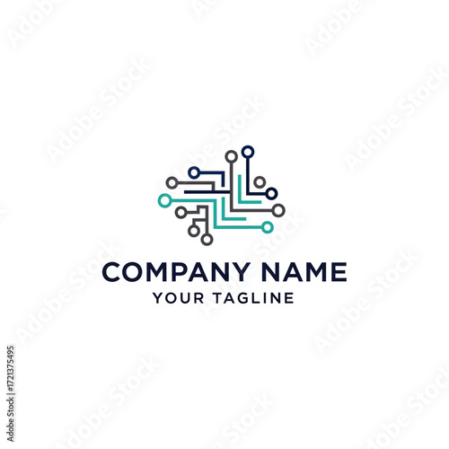 Abstract circuit board network logo design with interconnected lines and circles in blue and teal, representing technology and connectivity.