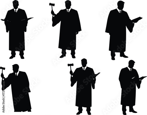Silhouettes of a judge in robes, holding a gavel and legal book, a collection of professional poses on a white background.
