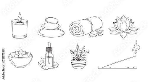 Serene spa elements collection with candle stones oil lotus incense and more silhouette