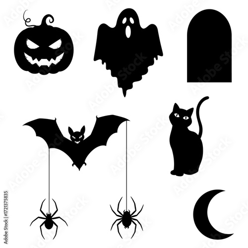 Silhouette Halloween Set Pumpkin, Ghost, Tombstone, Bat, Cat, Crescent and Spiders