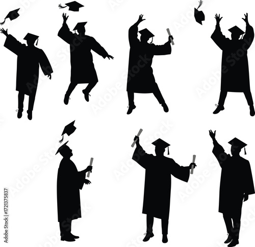 Celebrating graduation: a group of diverse silhouettes of joyful college or university students throwing their caps and celebrating their success on a white background.
